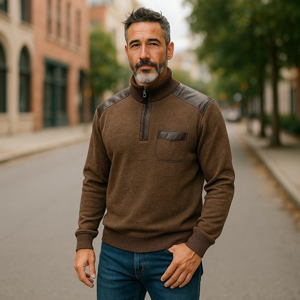 Thomas Payne‎ Brown with Leather Patches Zip Up Sweater with High Collar